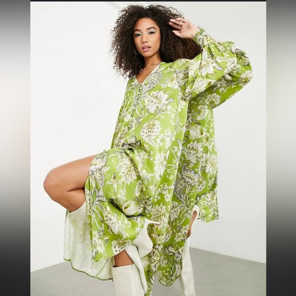 ASOS EDITION BUTTON FRONT MIDI DRESS GREEN  FLORAL PRINT boho fall formal $160 - Picture 3 of 11